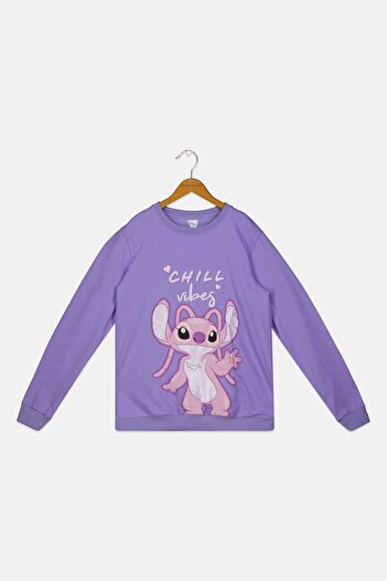 Disney Kids Girl Crew Neck Long Sleeve Graphic Print Sweatshirt, Lavender