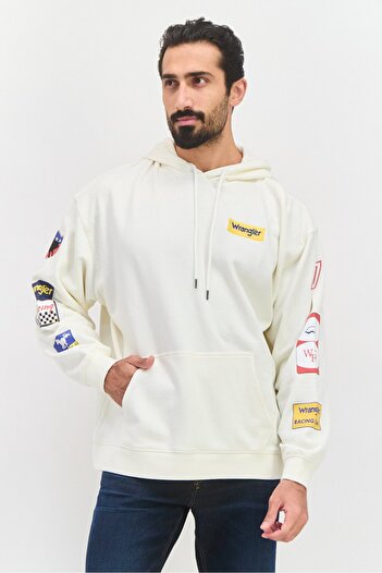 WRANGLER Men Hooded Long Sleeve Embroidered Logo Sweatshirt, Off White