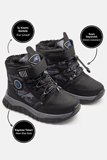Ayakkabı City Boy's Boots with Fur Inside, Non-Slip Sole, Black Saks, Water Resistant Children's Boots