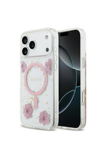 Guess Case for iPhone 17 Pro Max, Resin Flowers and Glitter MagSafe, - Pink