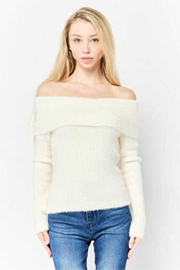PİNK ROSE Women Off-Shoulder Knitted Sweater, White