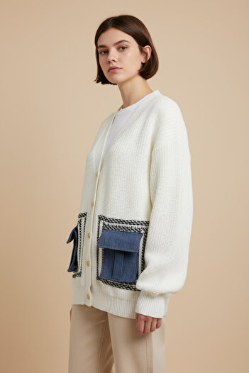 NEWCO Oversize Knit Cardigan with Pockets - Denim Detailed Buttoned Thick Textured Women's Cardigan