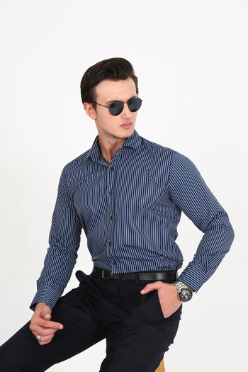 Hazhers Classic Men's Slim Fit Shirt Collar Striped Shirt