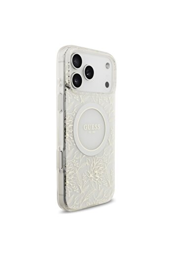 Guess Case for iPhone 17 Pro Max, IML Flowers with Pearl Strap MagSafe, - White