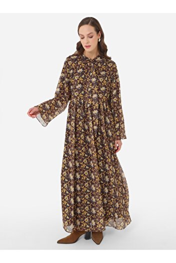 Refka Floral Patterned Chiffon Hijab Dress with Front Placket - Sari -