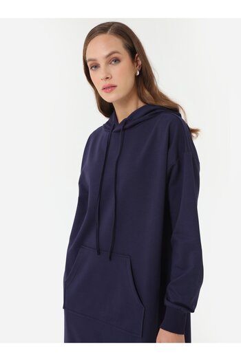 Benin Kangaroo Pocket Hooded Long Sweatshirt - Navy Blue -