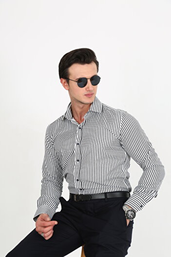 Hazhers Classic Men's Slim Fit Solid Color Lycra Fabric Shirt Collar Striped Shirt