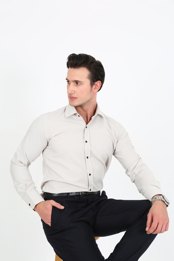 Hazhers Classic Men's Slim Fit Solid Color Cotton Fabric Shirt Lapel Striped Shirt