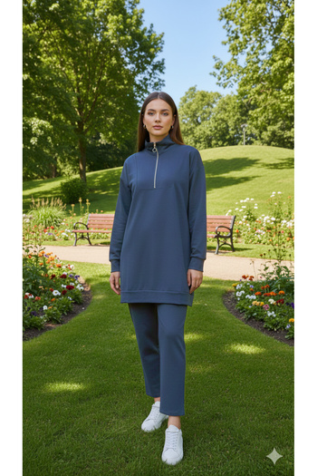 Kirazgym Zippered Detailed Stand Collar Combed Cotton Suit