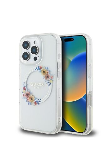 Guess Case for iPhone 16 Pro, IML Flowers Wreath MagSafe, - Transparent