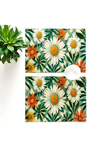 Queen Jera Daisy & Orange Floral Patterned 30 X 45 cm - Durable American Service Set of 2 Stylish Table Decor