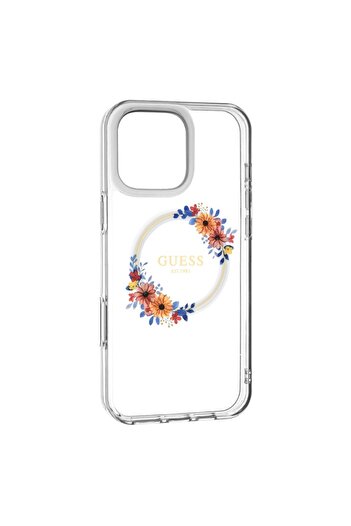 Guess Case for iPhone 16 Pro, IML Flowers Wreath MagSafe, - Transparent