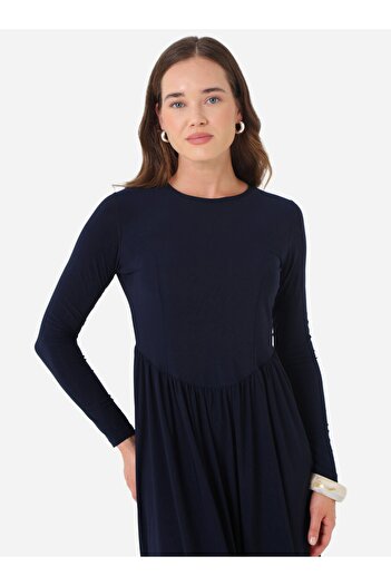Refka Sandy Fabric Hijab Dress with Corset Detail at the Waist - Navy Blue -