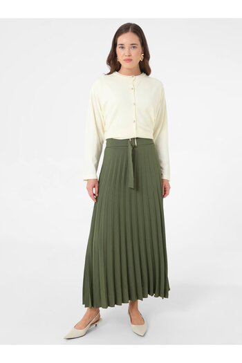 Refka Pleated Long Skirt with Bone Buckle Detail - Khaki -