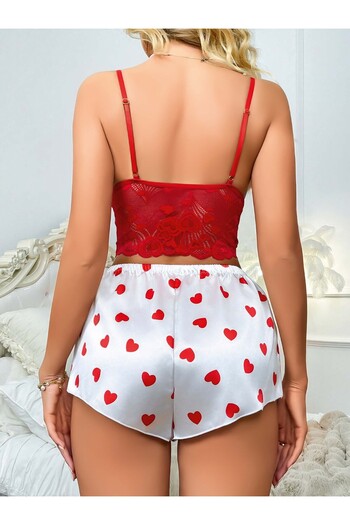 SiaLess Lingerie Women's Red Heart Patterned Shorts Bustier Pajama Set