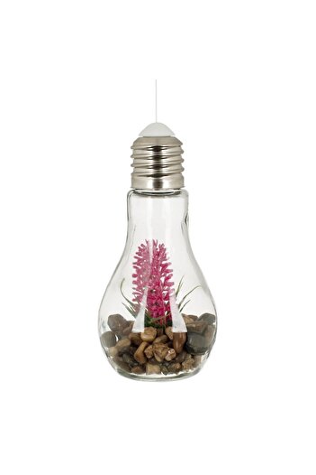 SHOPIENS Decorative LED Bulb, Model 11x19cm, Transparent Glass, Brown Stones, Fuchsia Flower, Includes CR2032