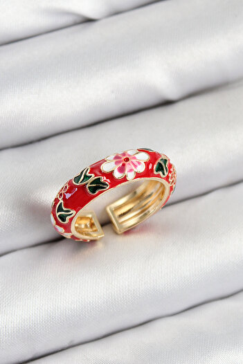 Mustran Brass Red Enamel Flower Motif Gold Color Adjustable Women's Ring