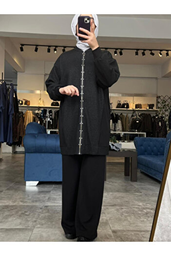 Zühre Women's Zippered Stone Detailed Black Double Combination Suit Tk-1714