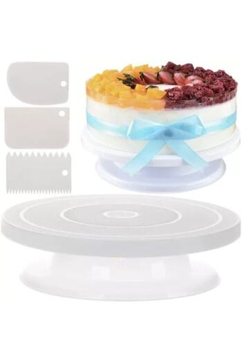 varioshop Rotating Platter for Cake Decoration VarioShop, 3 Spatulas, 2-in-1 Stand for Decoration and Serving,