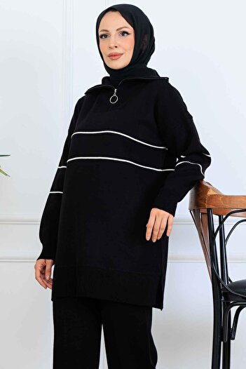 benguen Striped Knitwear Set with Zipper Collar S1050 Black