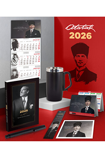 Halk Kitabevi 2026 Ататюрк бъдеща програма - календар за стена Гази - метална ролкова химикалка и термос с дръжка