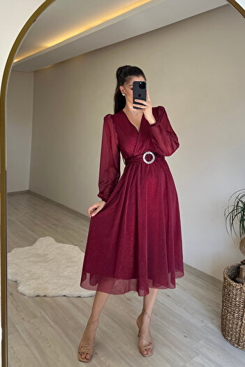 Neşeli Butik Women Double Breasted Collar Buckle Midi Length Sparkly Dress Nm009