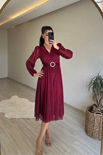 Neşeli Butik Women Double Breasted Collar Buckle Midi Length Sparkly Dress Nm009