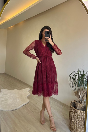 Neşeli Butik Women Double Breasted Collar Lace Tulle Dress Nm010