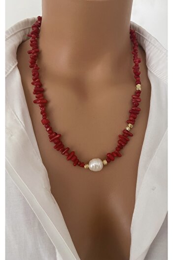 TARZ-I TAKI Natural Stone Red Branch Coral Real Pearl Detail Necklace
