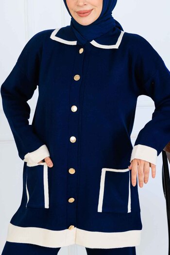 benguen Buttoned Line Detailed Knitwear Set S1043 Navy Blue