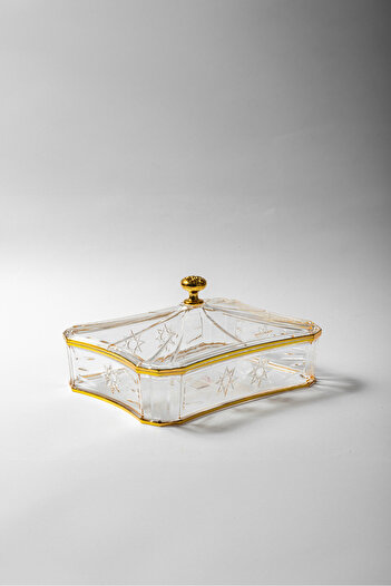 Bin Shihoun Rectangular acrylic tray with a lid, gold-embossed