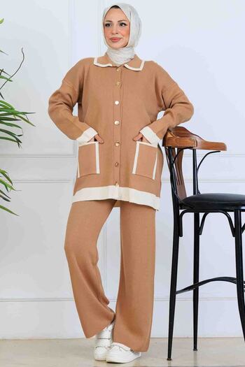 benguen Buttoned Line Detailed Knitwear Set S1043 Mink