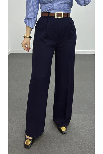studio fashion 1988 Women's Navy Blue Pleated High Waist Wide Leg Pocketed Polyviscose Fabric Palazzo Pants