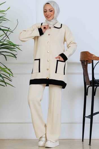 benguen Buttoned Line Detailed Knitwear Set S1043 Stone Color