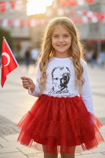 Kübra Tekstil Girls' Ataturk Printed Long Sleeve T-Shirt and Glitter Red Tutu Skirt Two-Piece Set, Girls' Set