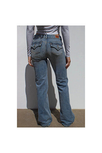 Mokşa Y2K Vintage Retro Eskitme Süper Arka Cepli Düşük Bel İspanyol Paça Jean