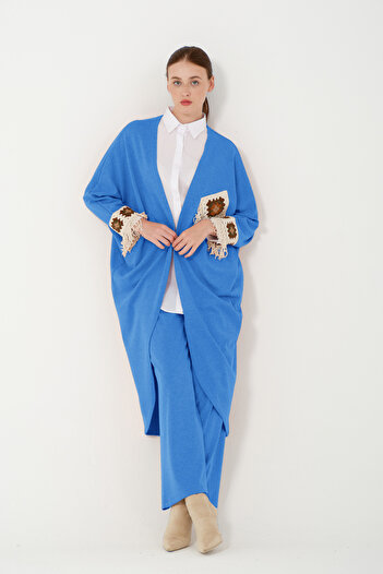 Hatun Atila Hatunatila Hera Fabric Oversize Cardigan Set with Pocket Detail 5004 Blue