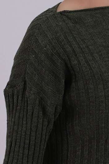 armonika Women's Khaki Double Sleeve Boat Neck Knit Sweater Arm-22Y012026
