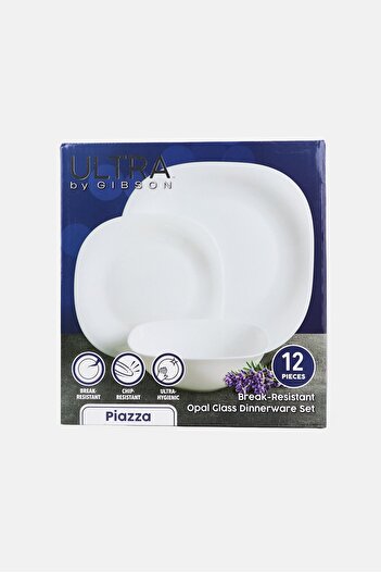 Gibson Home Gibson X Ultra Piazza 12 Piece Break Resistant Opal Glass Dinner Set, White