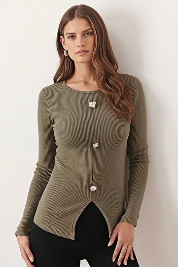 armonika Women's Khaki Wide Neckline Long Sleeve Front Slit Buttoned Blouse Arm-26K001008