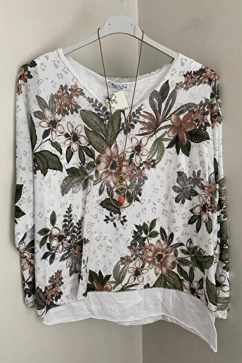 AYASOFYA OTANTIK Women's Italian Powder Floral Patterned Collared Cotton Combed Sleeveless Inner Long Sleeve Knitwear Blouse 2-Piece Set