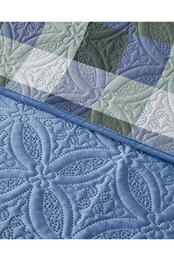 English Home Ornate Check Çift Taraflı Kadife Çift Kişilik Yatak Örtüsü Takımı 200x220 cm Koyu Mavi