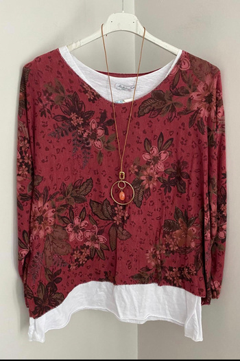 AYASOFYA OTANTIK Women's Italian Burgundy Floral Patterned Collared Cotton Combed Sleeveless Inner Long Sleeve Knitwear Blouse 2-Piece Set