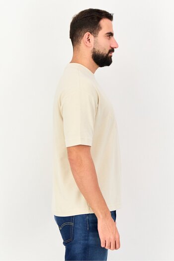 BLANK ESSENTIALS Men Crew Neck Short Sleeve Brand Logo T-Shirt, Beige