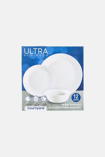 Gibson Home Gibson X Ultra Courtyard 12 Piece Break Resistant Opal Glass Dinner Set, White