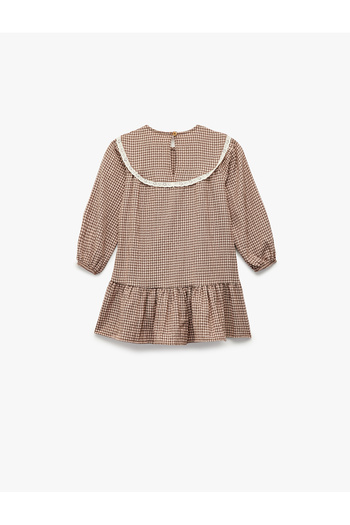 Koton Long Sleeve Crew Neck Pleated Petti Checkered Dress
