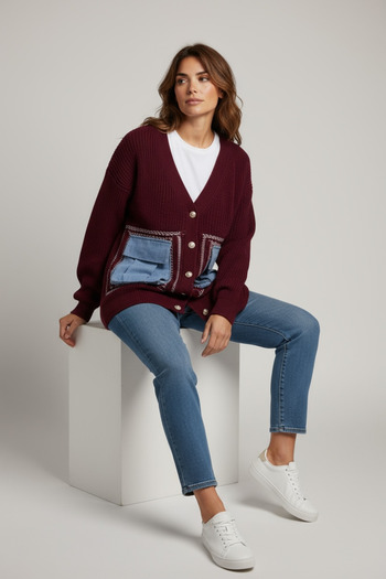 NEWCO Oversize Knit Cardigan with Pockets - Denim Detailed Buttoned Thick Textured Women's Cardigan