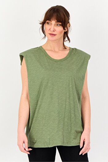 Reiko Women Round Neck Sleeveless Plain T-Shirt, Olive