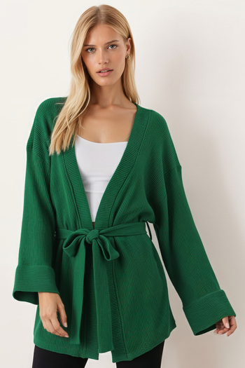 armonika Women's Green Belted Knitwear Kimono Arm-26K001011