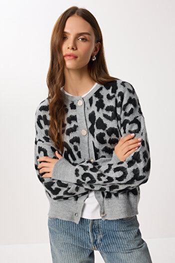 Lovelyİstanbul Leopard Patterned Buttoned Knit Cardigan Li̇y0006 Gray Black